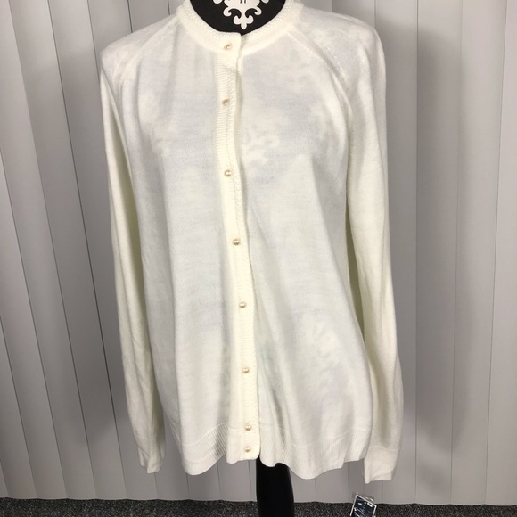 white cardigan pearl buttons